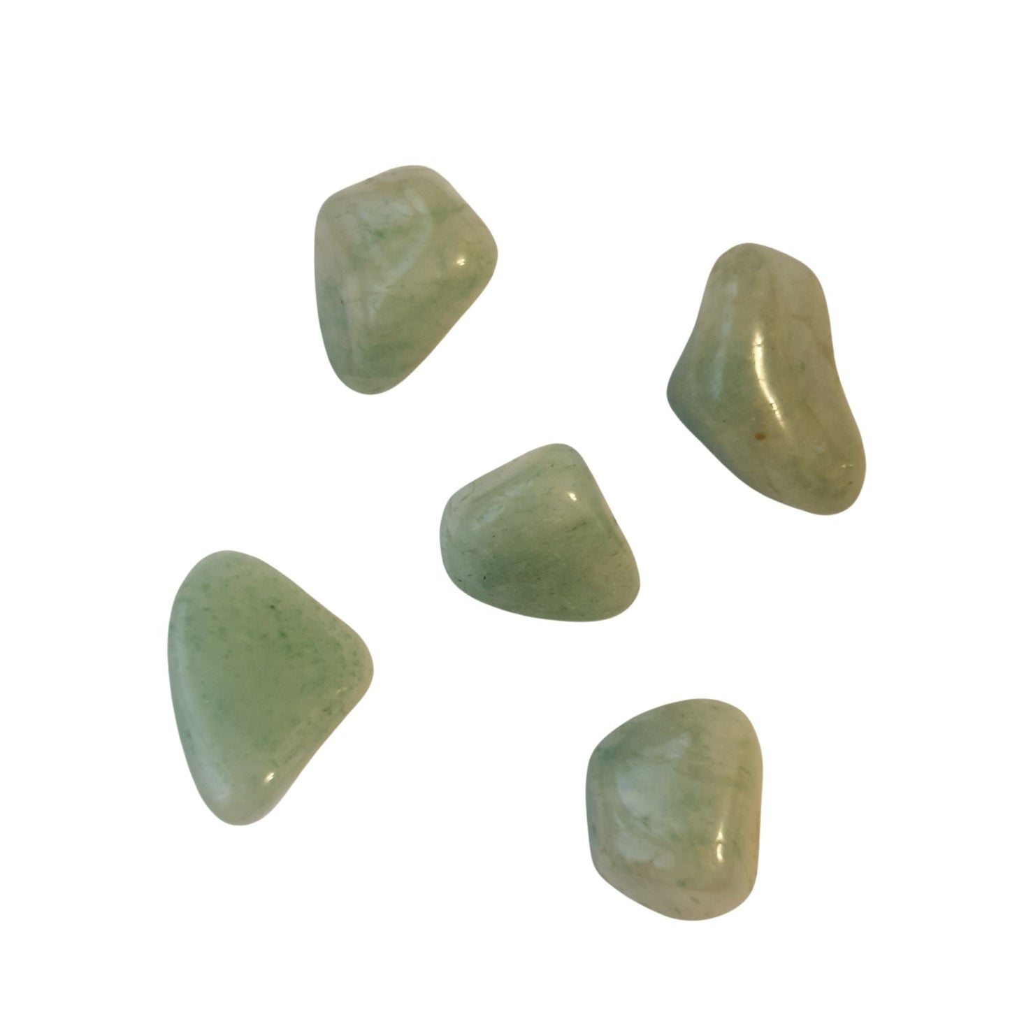 5 green aventurine tumble stones on a white background small enough to hold in your hand. only 1 supplied