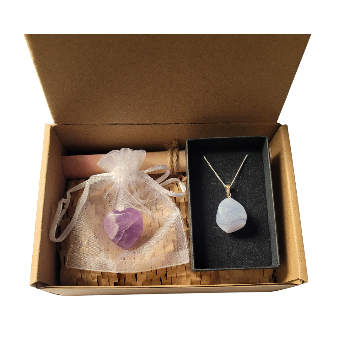 Blue Lace Agate Crystal Necklace & Amethyst Heart Gift Set