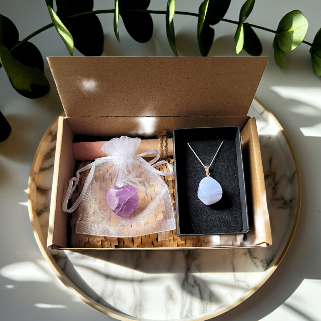 Blue Lace Agate Crystal Necklace & Amethyst Heart Gift Set