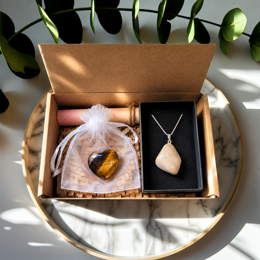 Petrified Wood Crystal Necklace & Tiger's Eye Heart Gift Set