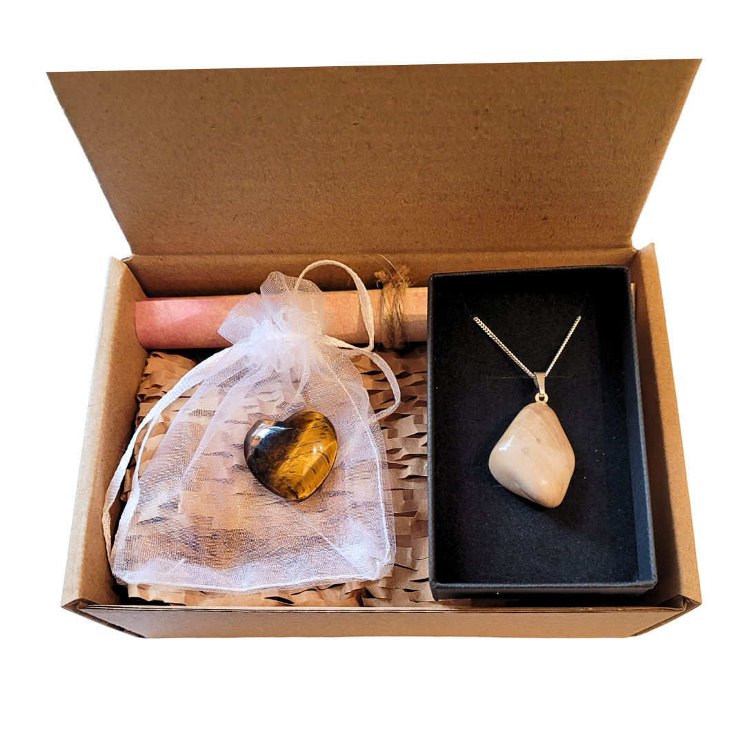 Petrified Wood Crystal Necklace & Tiger's Eye Heart Gift Set