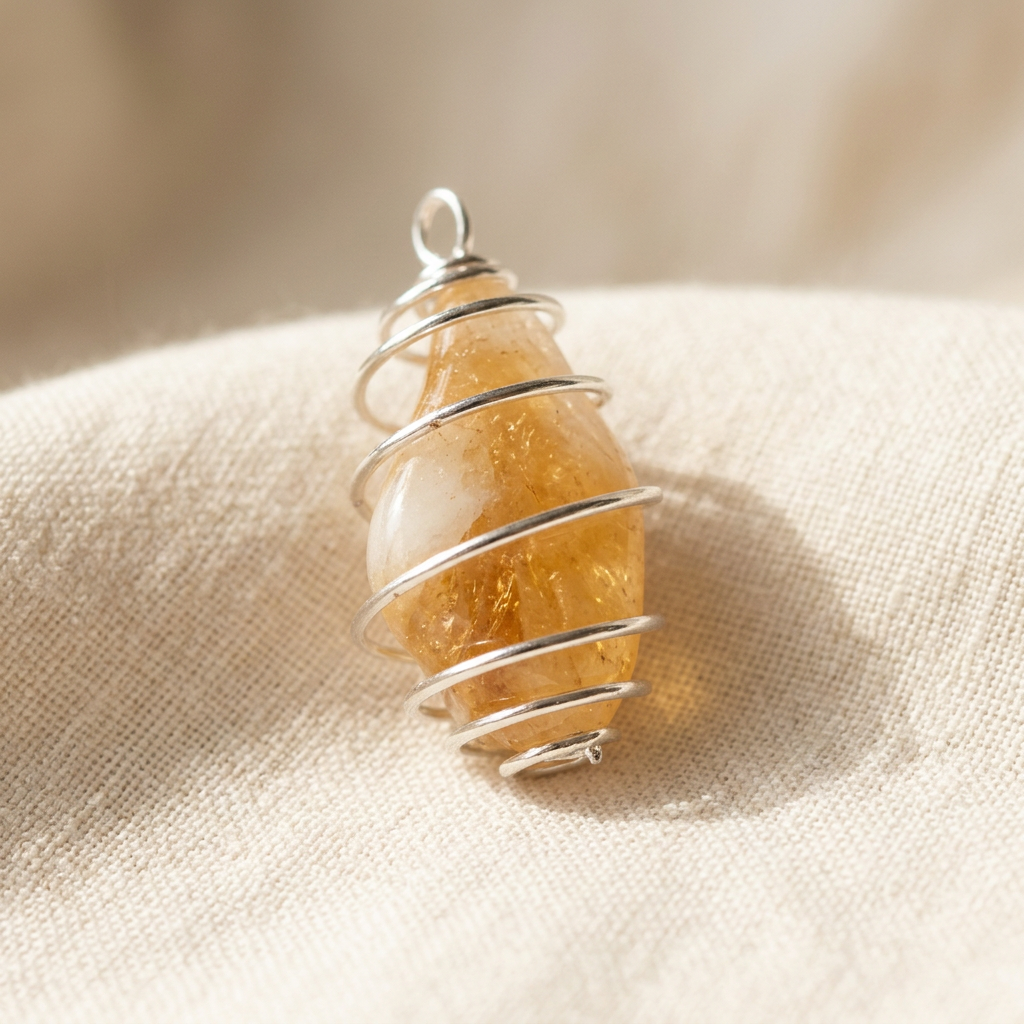 Brown and gold crystal pendant on ivory linen