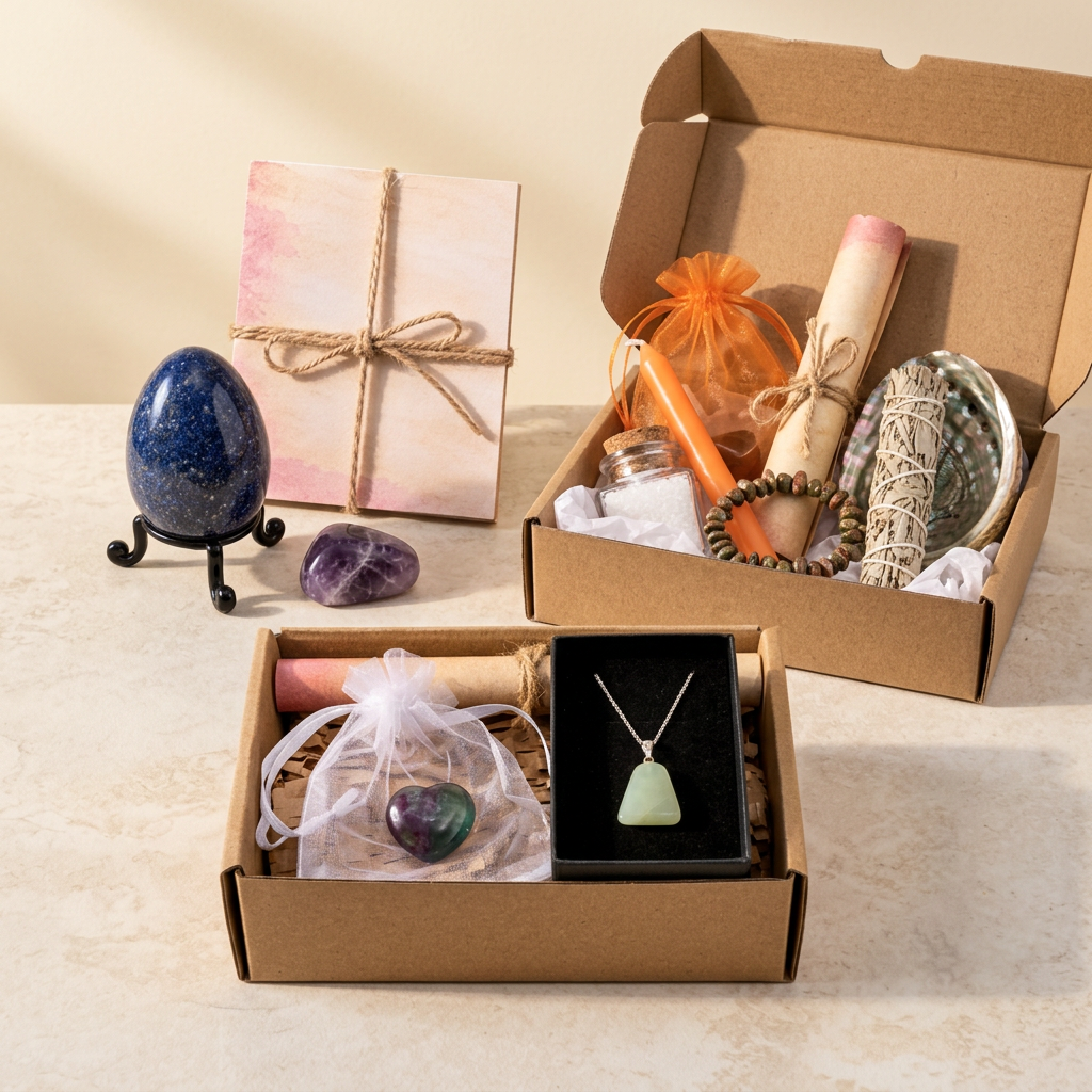 Crystal Gift Sets image with Lapis Lazuli egg, Inner Fire ritual box and New Jade jewellery set