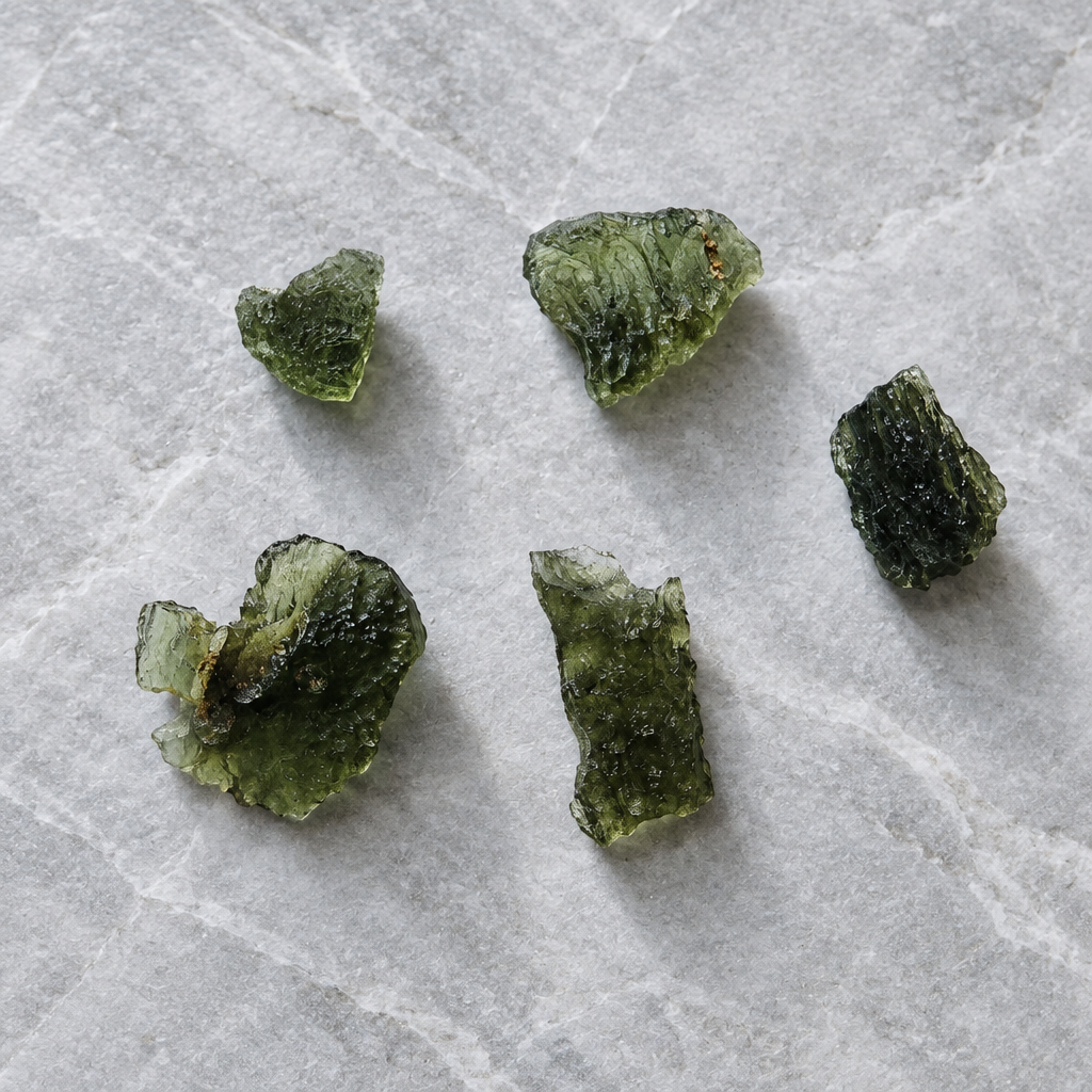 Revised lifestyle image of the five Moldavite pieces