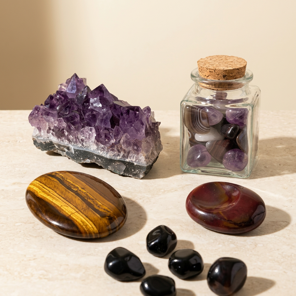 Shop Crystals showcase with Amethyst, Purple Dream confetti, Obsidian, Tiger’s Eye and Mookaite
